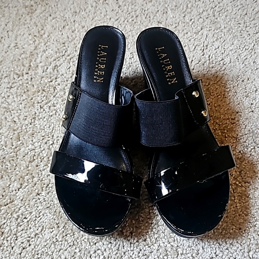 Lauren Ralph Lauren Leather and Fabric Upper Wedge Platform Sandal